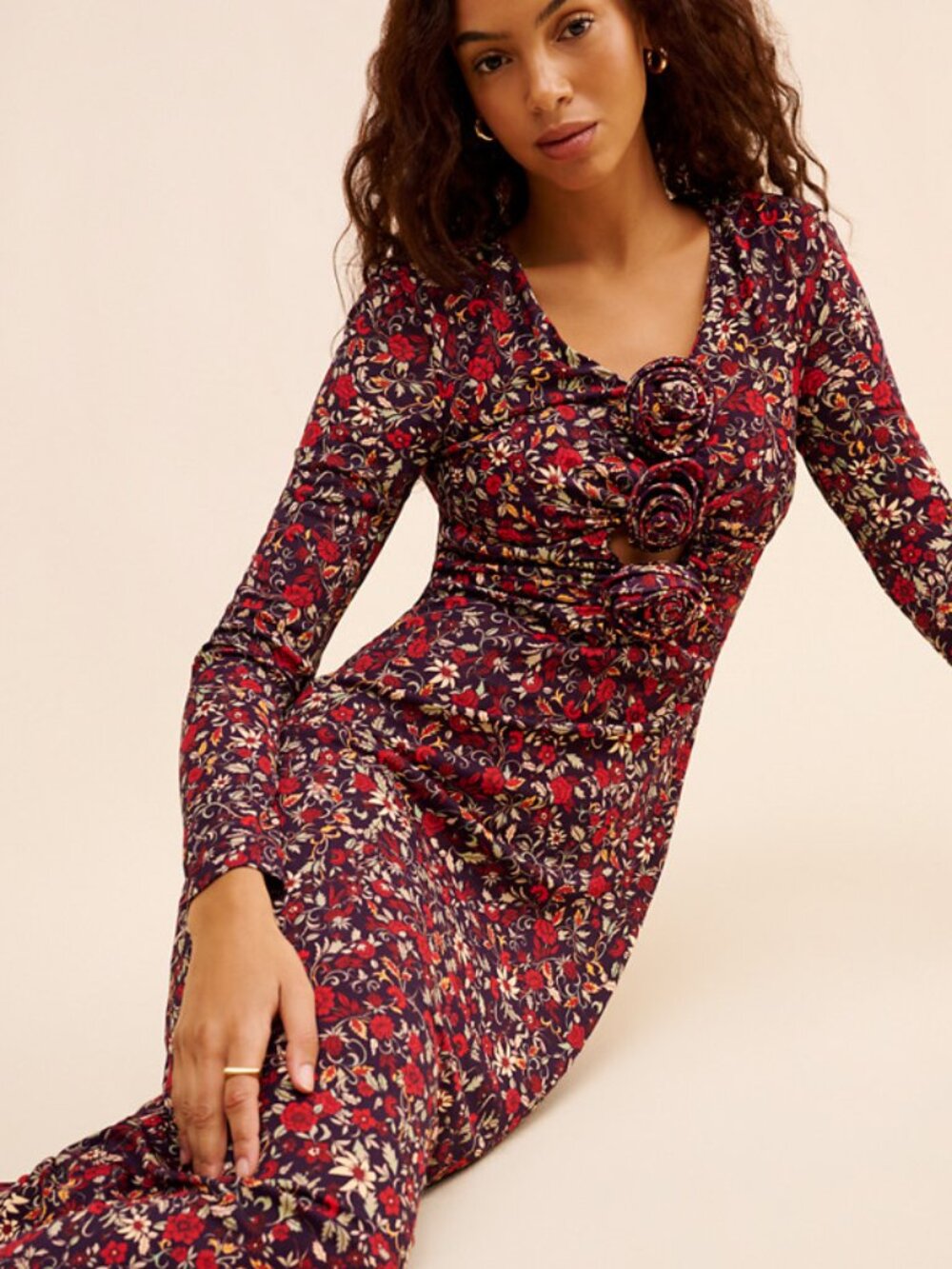 Farm Rio Chelsea Garden Floral Applique Long Sleeve Jersey Midi Dress size XS - Picture 2 of 13